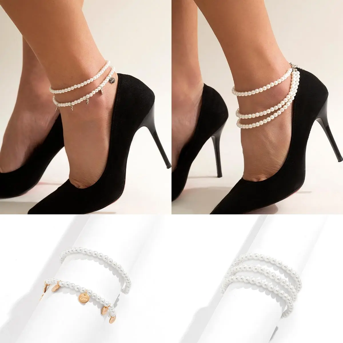 Women's Elegant Retro Round LOVE-Engraved Pendant Anklet, 2022 Multilayered Imitation Pearl Beaded Costume Jewelry, Casual Wear, Metal Coating-Free, Unisex Accessory