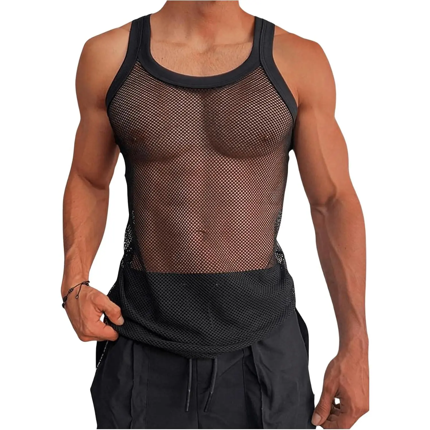 SOLY HUX Men's Fishnet Sheer Tank Top Crew Neck Sleeveless Party Club Tops Streetwear