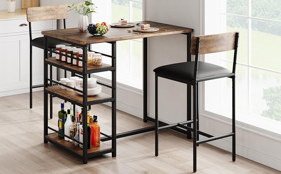 Garvee and Garvee Space-Saving Bar Table Sets for 2 with Upholstered Chairs, Multiple Storage Shelves, Comfortable Seating, Ideal for Kitchen, Apartment, Dining, and Living Areas