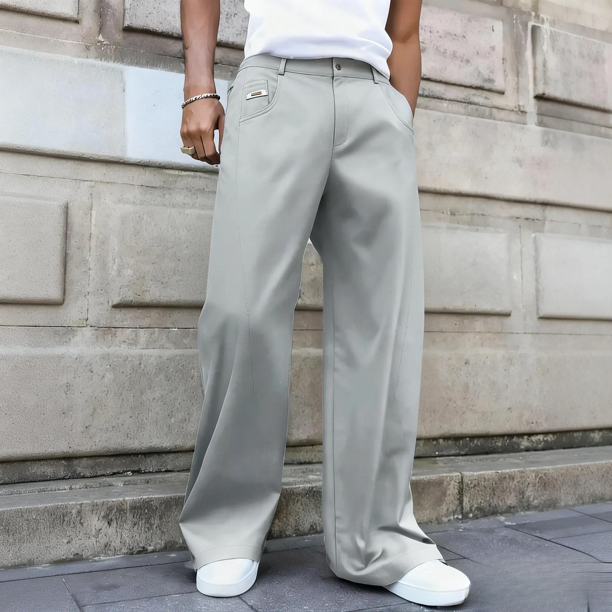 Men's Light Gray Straight Leg Chino Pants - Elastic Waist, Slim Fit, Wrinkle-Free Stretch Fabric, Button Closure, Smooth Zipper Detail - Menswear for Daily Wear, Office - Summer Casual Trousers (Bonus Tee & Shirt Compatibility Note) athletic