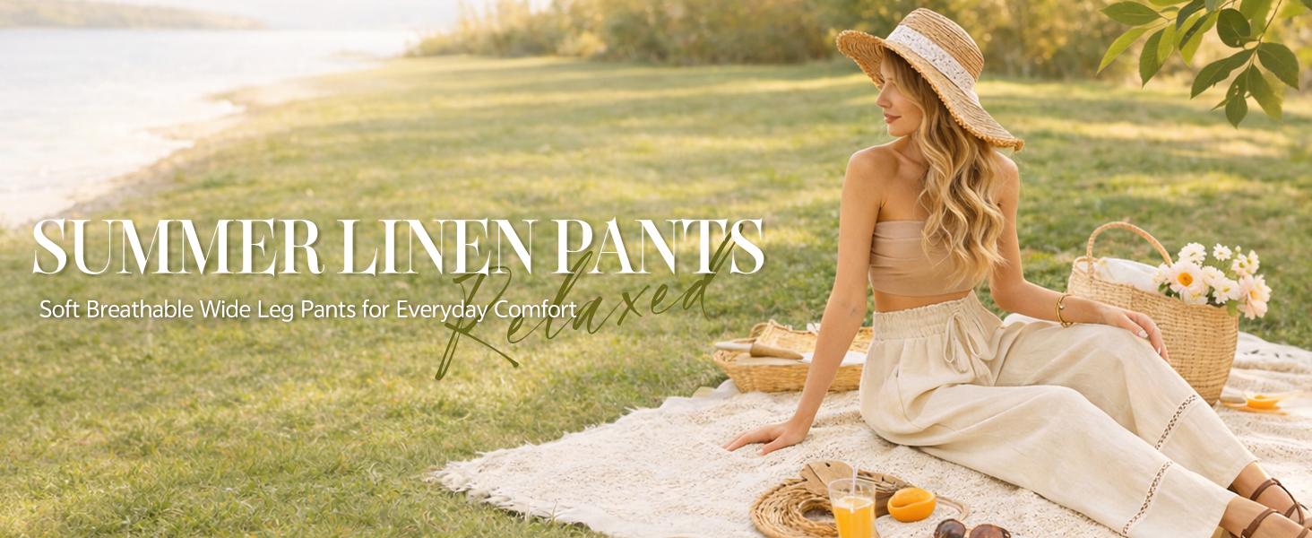 Sarin Mathews Womens Wide Leg Linen Pants High Waisted Drawstring Palazzo Casual Summer Beach Pants with Pockets