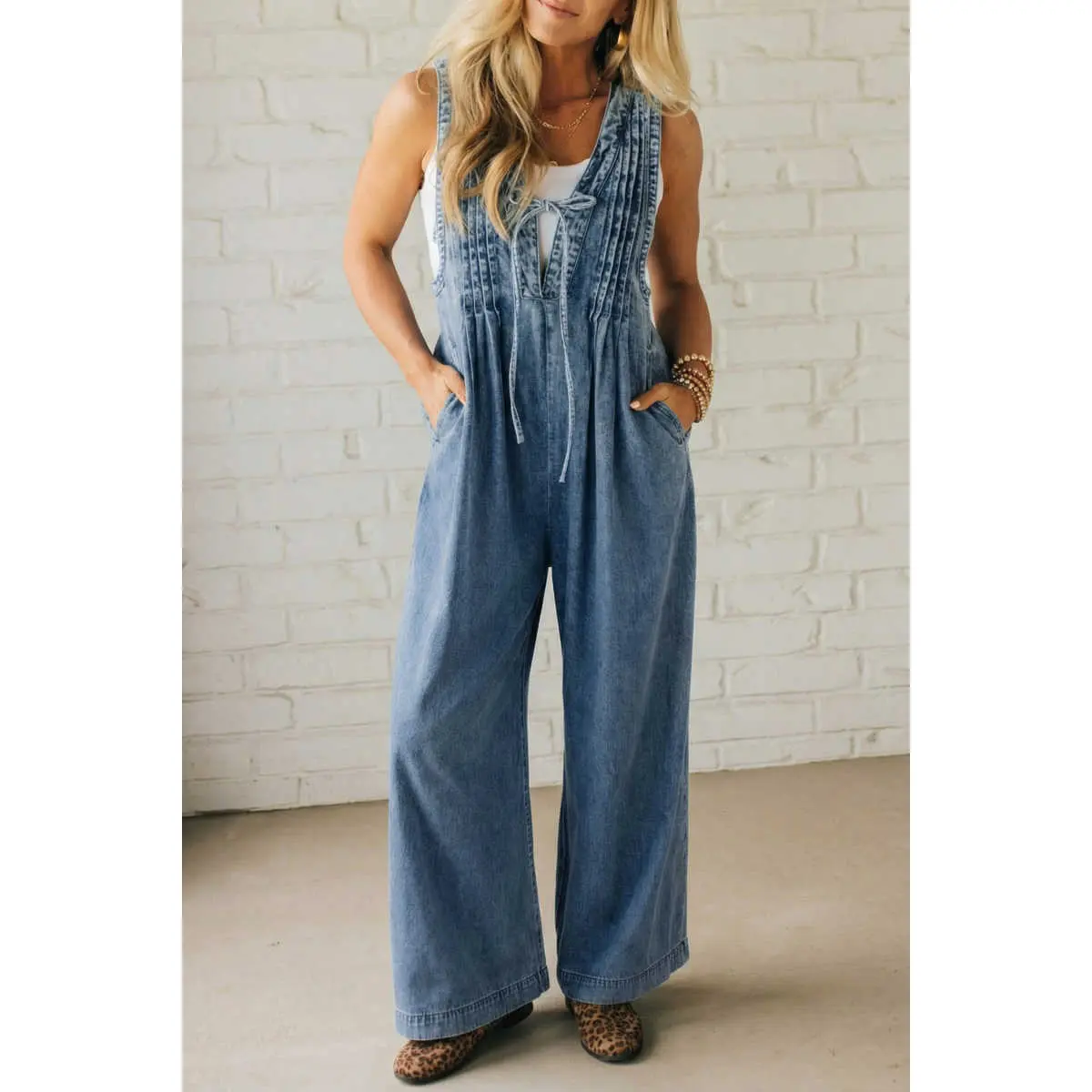 Dusk Blue Acid Wash Pintuck Tie V Neck Denim Wide Leg Jumpsuit