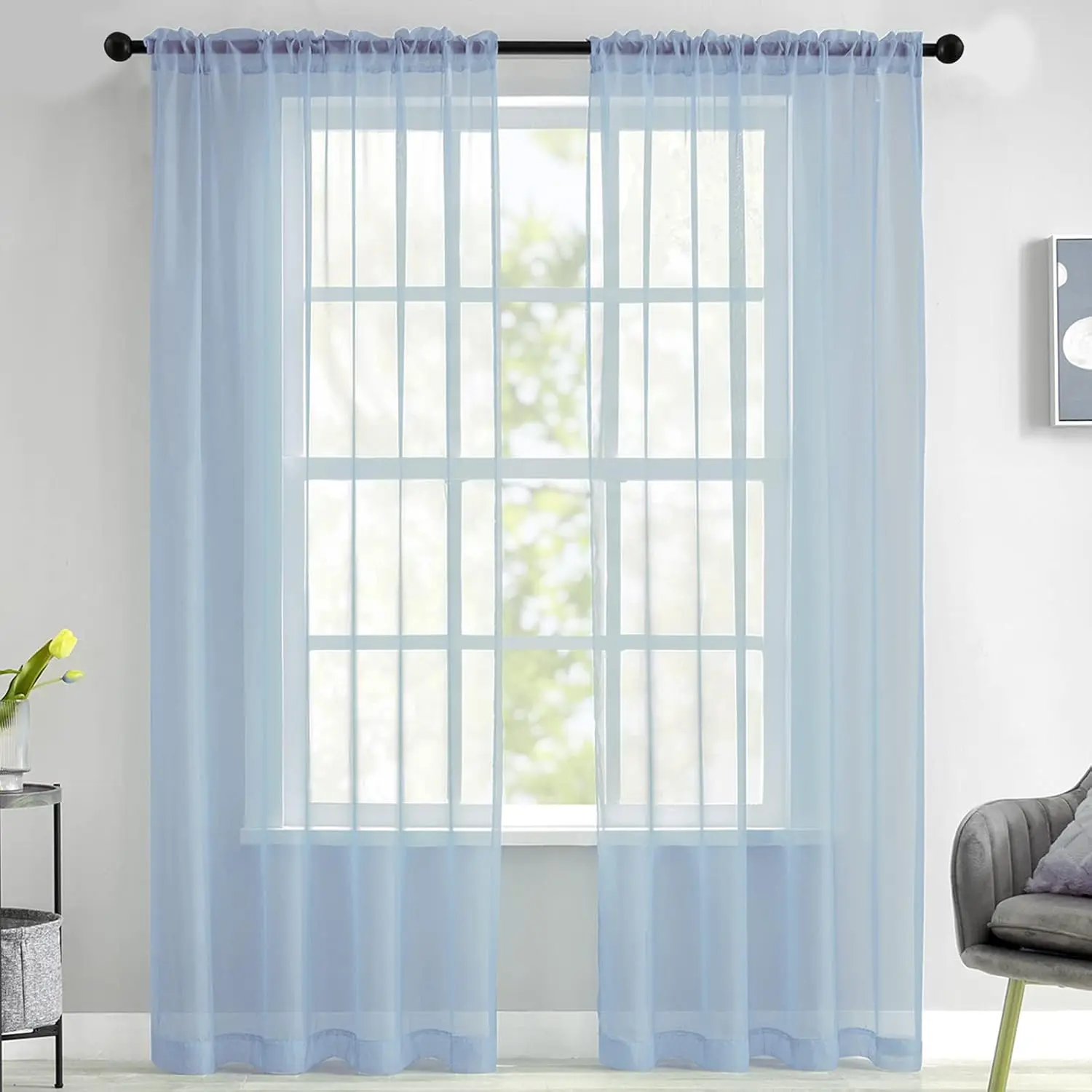 Blue Sheer Voile Curtains 63 Inch Length for Bedroom Living Room Halloween Decor 2 Panels Set Rod Pocket Light Filtering Textured Transparent Sheer Window  Drapes 52x63 Inches Long