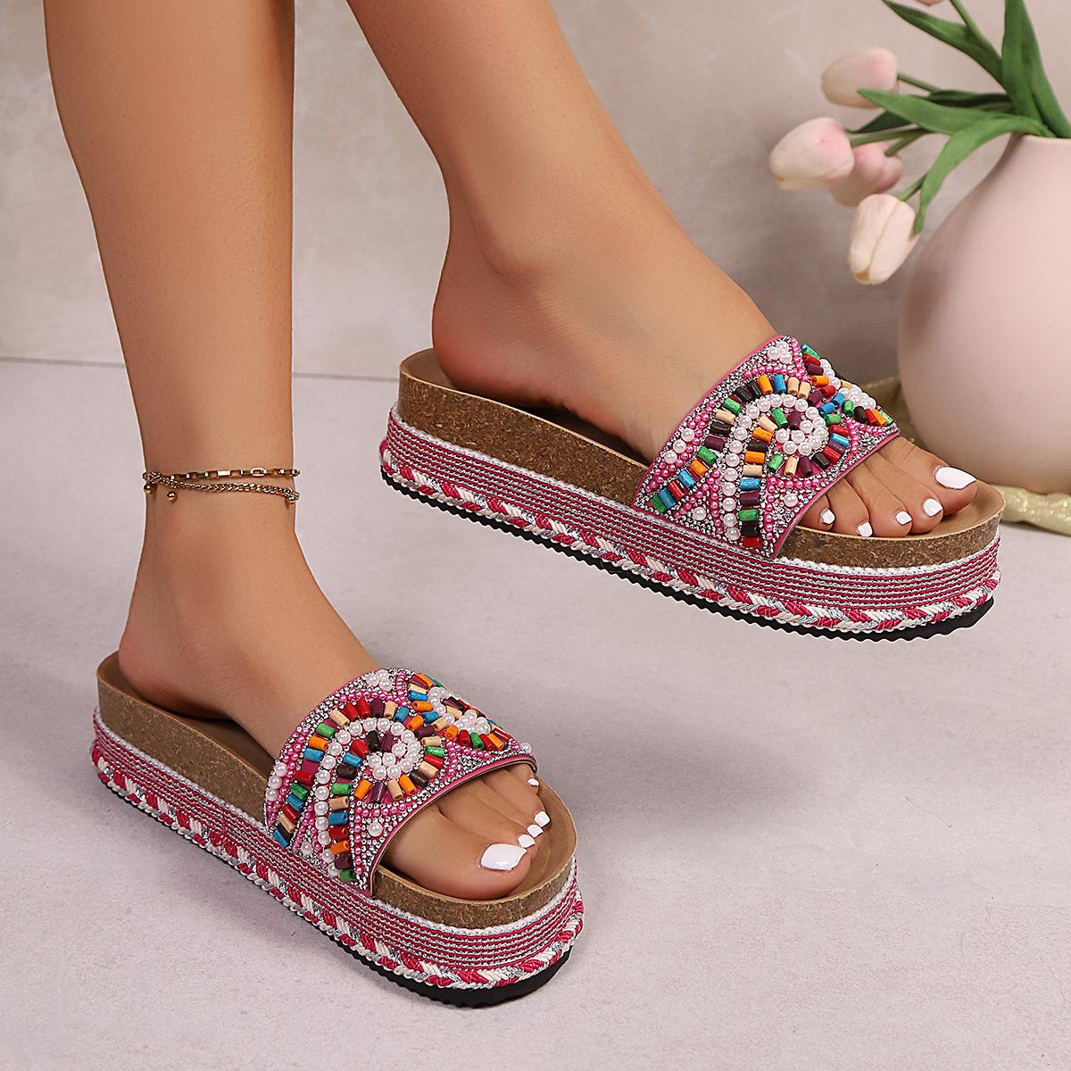 Women's Platform Sandals Summer Beach Slides with Pearl Embellished Cork Wedge Soft Sole Slippers Large Size Comfort Outdoor Shoes Ethnic Style Fashion Footwear for Women