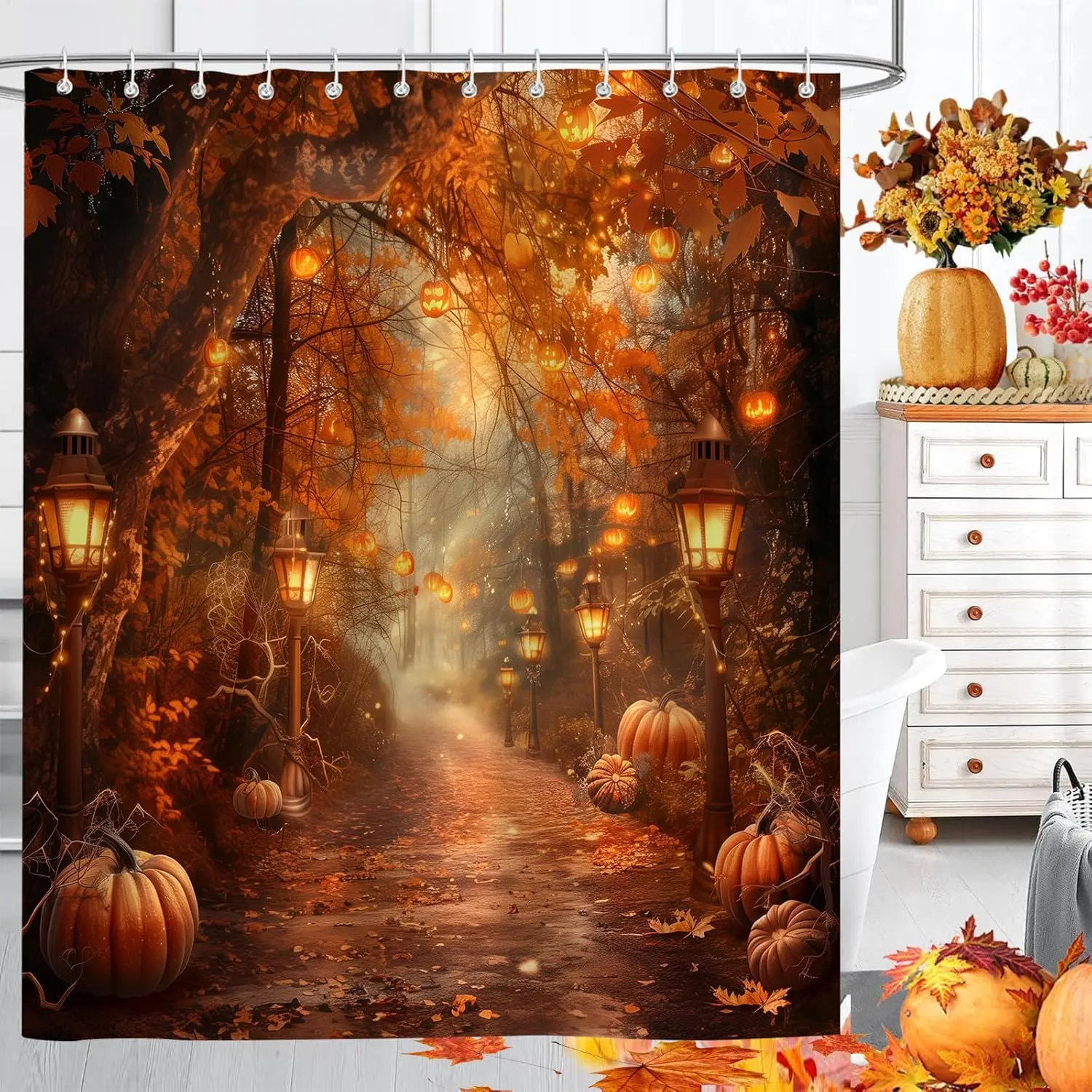 Autumn pumpkin pattern shower curtain, Halloween fall Thanksgiving harvest forest country trail bathroom decoration, 60 x 72 inch polyester waterproof bathroom curtain with hooks.