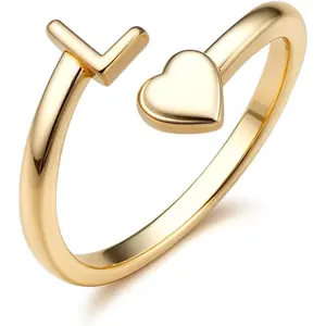 Graduation Gifts Gold Initial Rings for Women Non Tarnish 14K Gold Plated Adjustable Letter Rings A-Z Dainty Heart Alphabet Stackable Band Ring Trendy Capital Letter Pinky Knuckle Thumb Ring