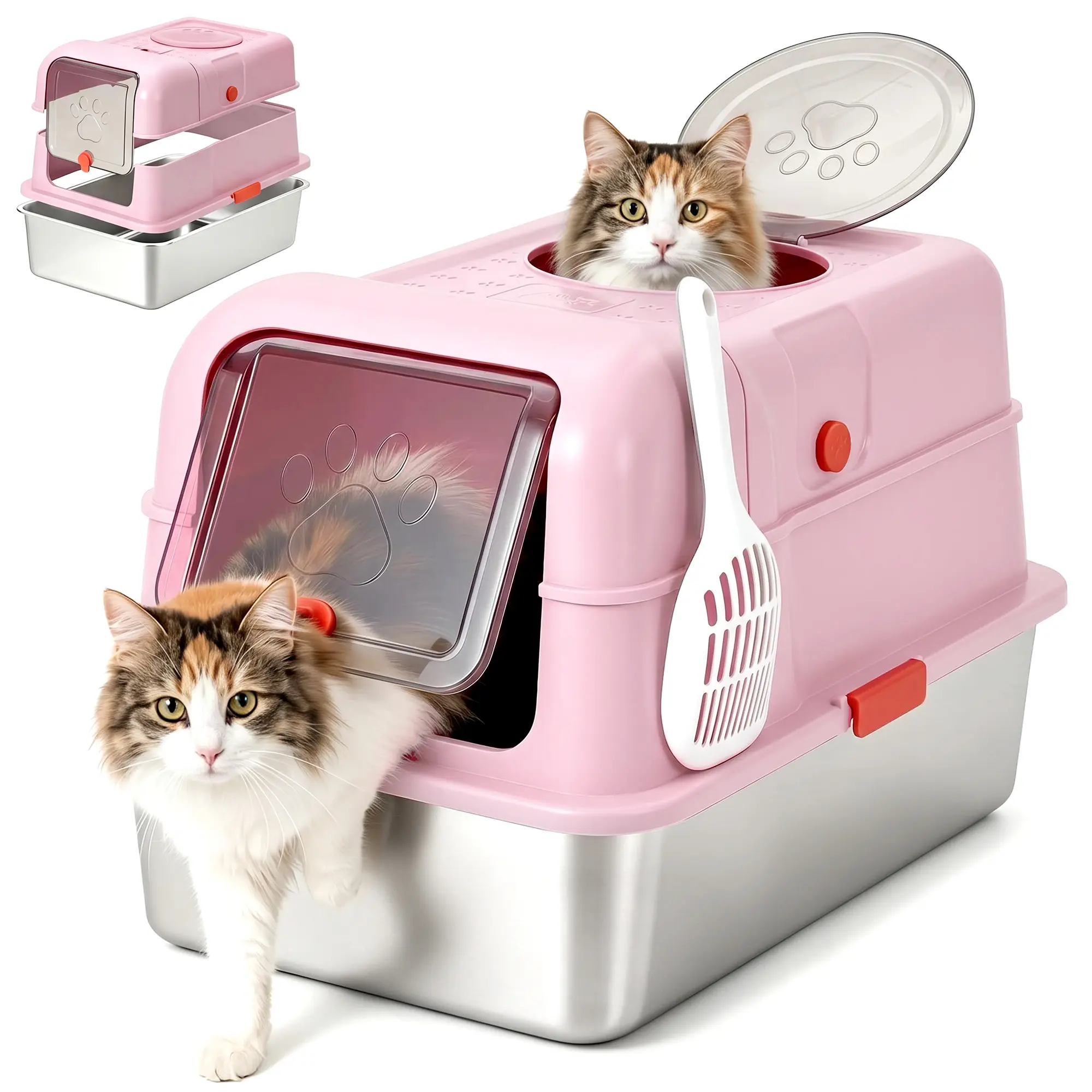 Stainless Steel Litter Box with Lid,Front Entry Top Exit Kitty LitterBox with Scoop,XL Enclosed Metal Litter Pan for Big Cats & Multi-Cat Home