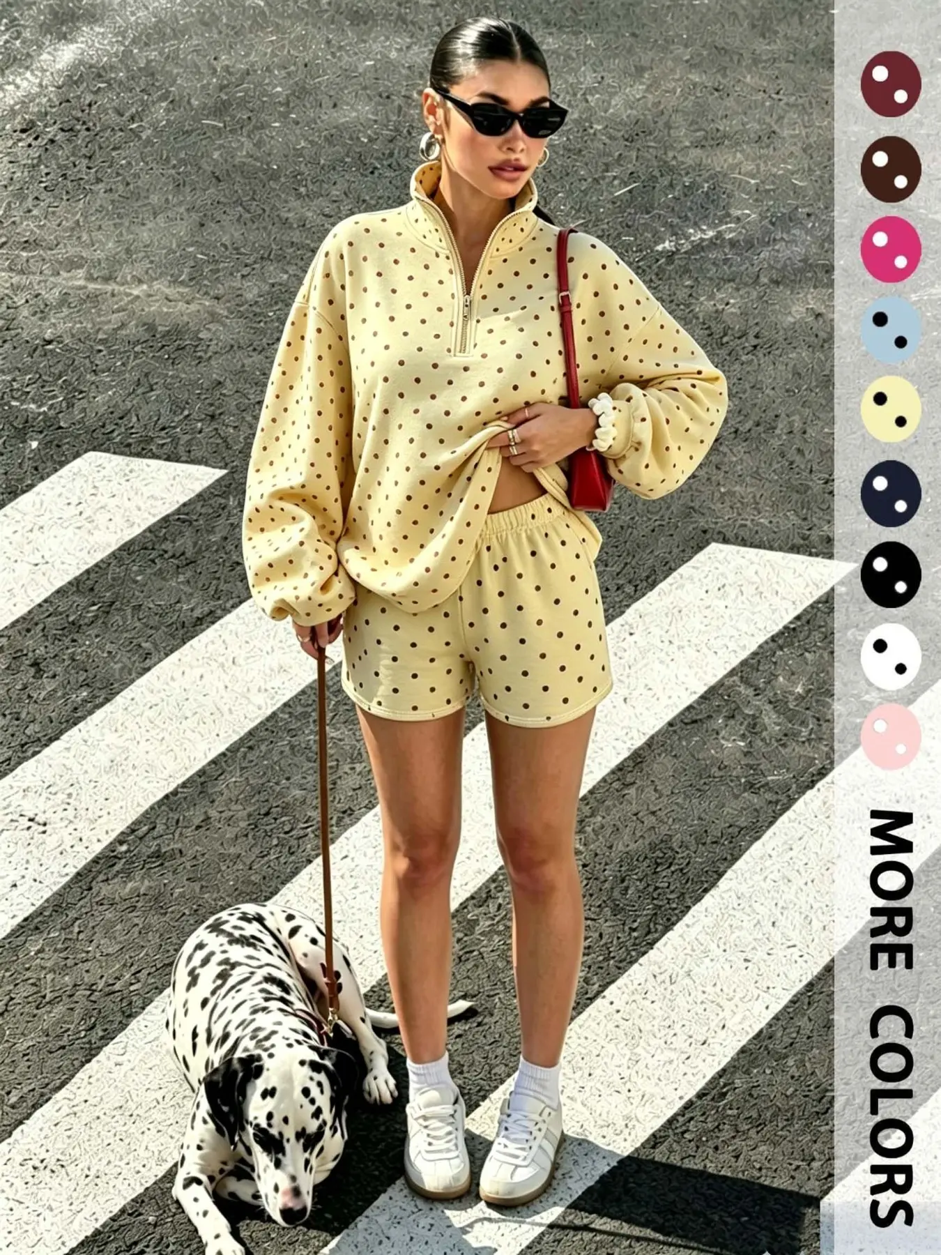 Fashion Two-Piece Home Set, Polka Dot Print, Half-Zip Standing Collar Sweatshirt with Elastic Waist Loose Shorts, Comfortable Casual Wear Clothes
