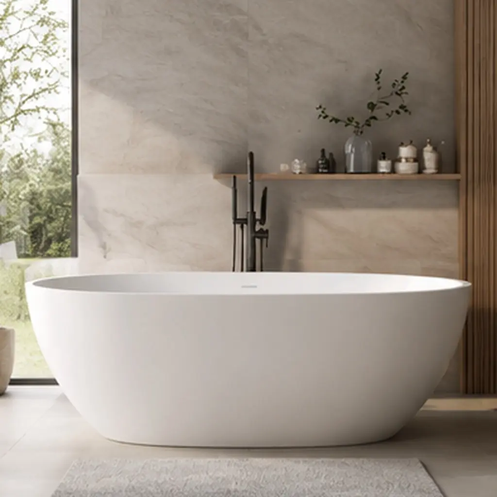 ARCH 55 Inch Solid Surface Freestanding Soaking Bathtub, Stone Resin Matte White Oval Stand Alone Tub with Overflow and Pop-Up Drain, Ergonomic Deep Soaker for Master Bathroom, Easy Clean Non-Porous Design, 55x29.5x22 Inches, Matte White Color Option, 29.