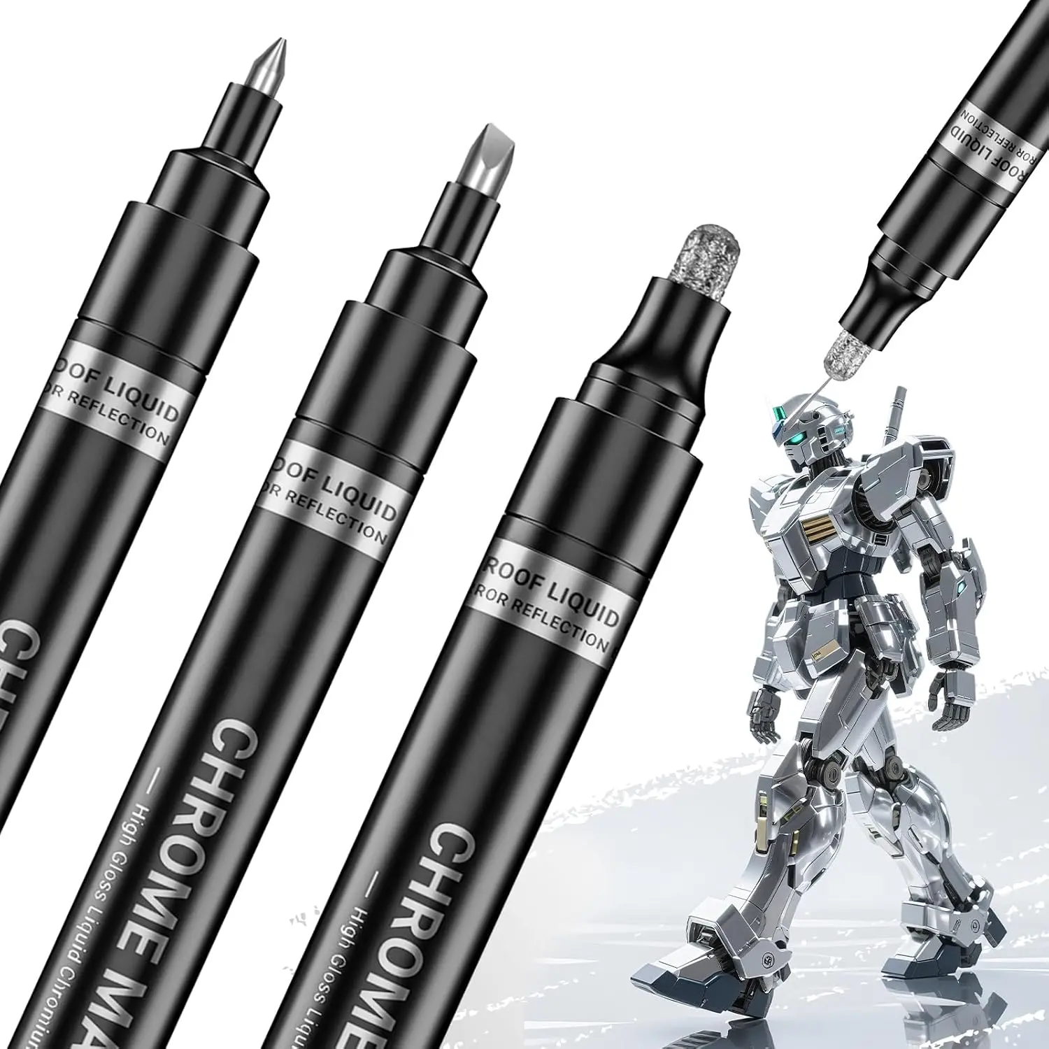 3 count  Liquid Mirror Chrome Markers, Permanent Reflective Metallic Chrome  Pen, High Gloss  DIY Model Painting,  Up Repair Kit for Plastic Metal Glass Resins