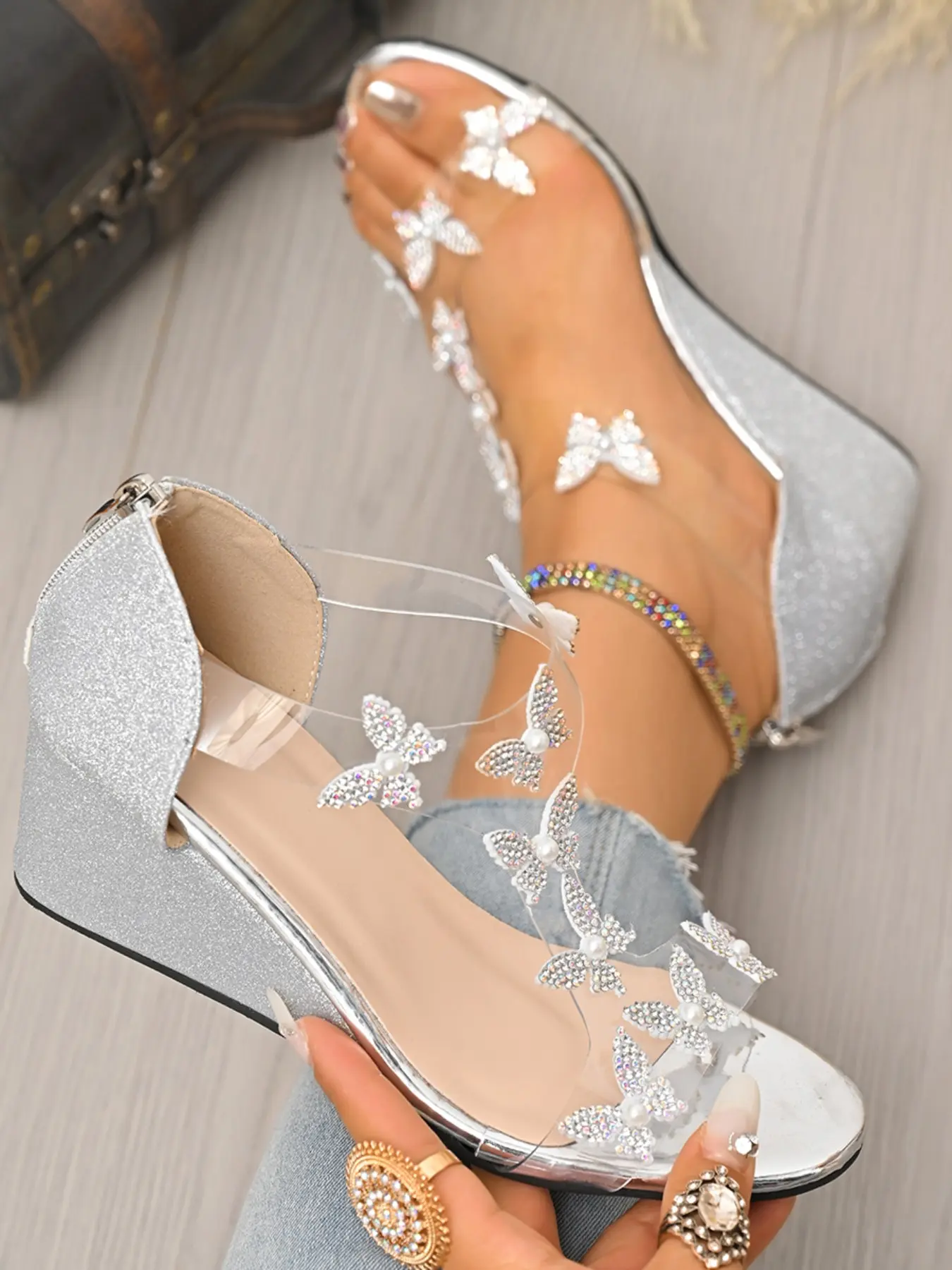 Women's Rhinestone Butterfly Transparent Wedge Sandals, Elegant Party Shoes, Summer New Arrival, Anti-Slip High Heel Open Toe