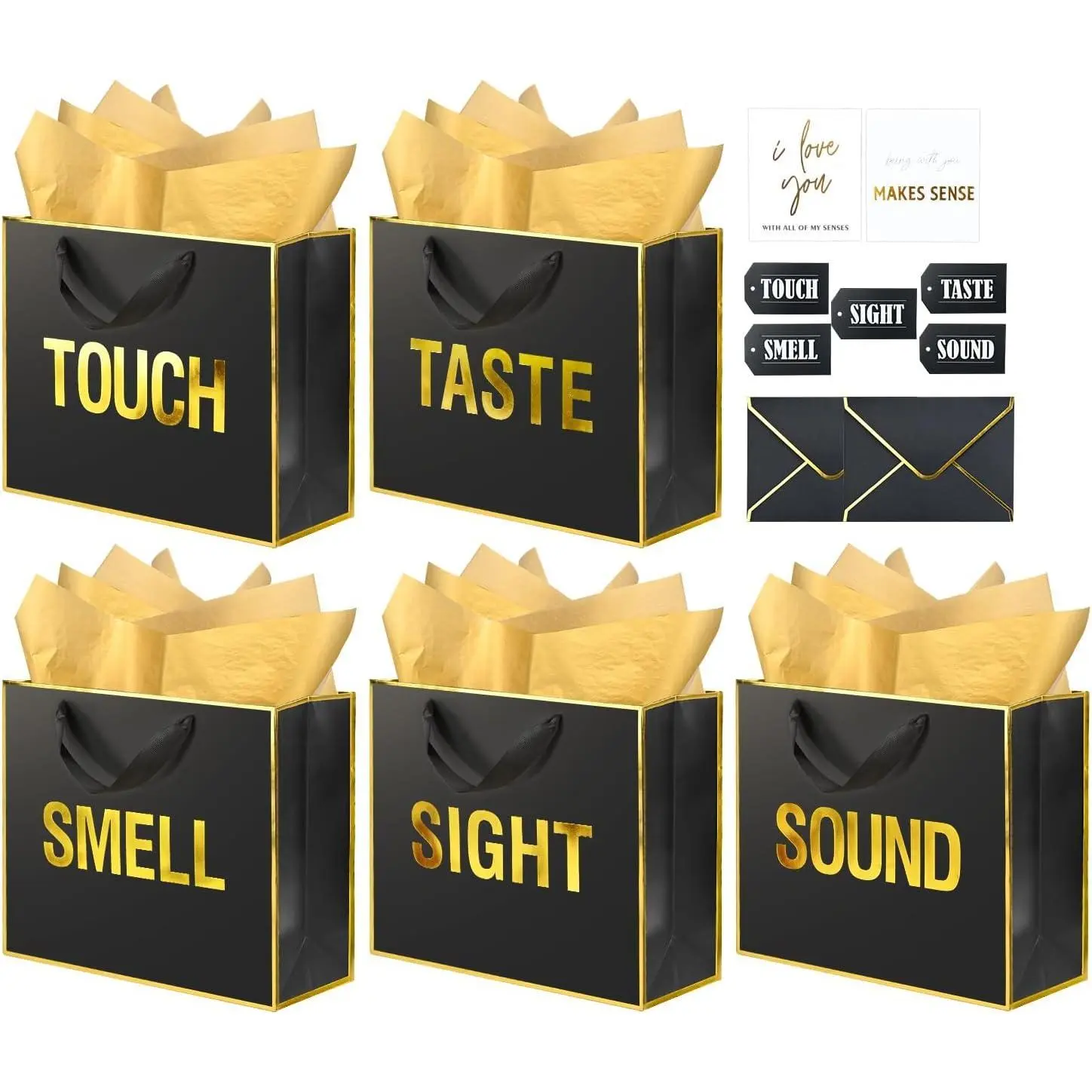Large Gold Foil 5 Senses Gift Bags For Him Her with Labels Envelopes and Cards, Sight Smell Touch Taste Sound Gift Bags with Tissue Paper For Birthday, Anniversary, Mother'S Day, Valentine'S Day(12x10x4inch)
