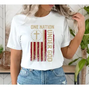 One Nation Under God Cross Flag Cotton T-Shirt, Patriotic Christian 4th of July Comfort Fashion Outfit, Vintage USA Faith Graphic Tee, Perfect Independence Day Gift for Her
