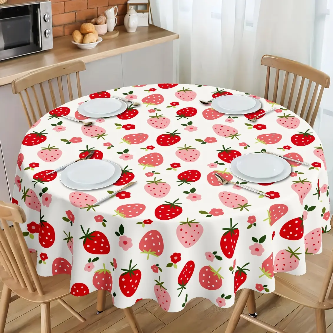 Cute Strawberry Print Tablecloth | Red & Pink Berry Pattern with Little Flowers | Sweet Kawaii Aesthetic Table Cover for Summer Parties, Picnics, Kitchen Dining & Room Decor