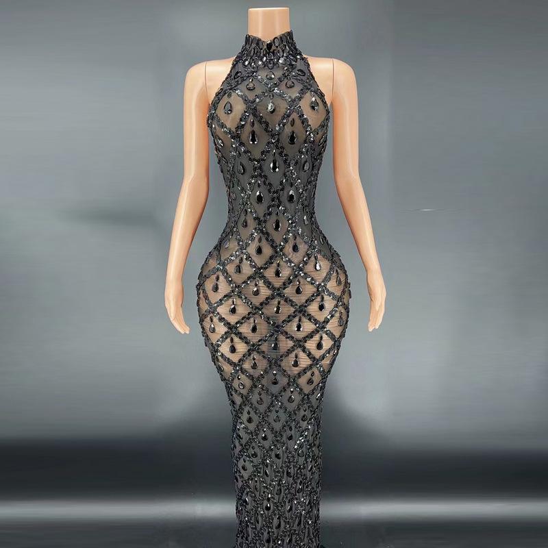 Sexy shiny rhinestone silver dress plus size women's party dress neck fishtail dress formal dresses women wrap dress prom