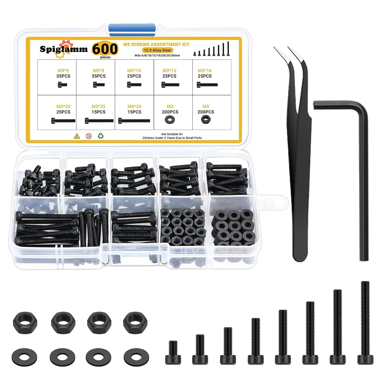 600 Pcs M3 Screws Assortment Kit, Black Alloy Steel M3x 6/8/10/12/16/20/25/30mm Screw Kits with 12.9 Alloy Steel Nuts, Bolts & Washers – Hex Socket Head Screws Assortment Set