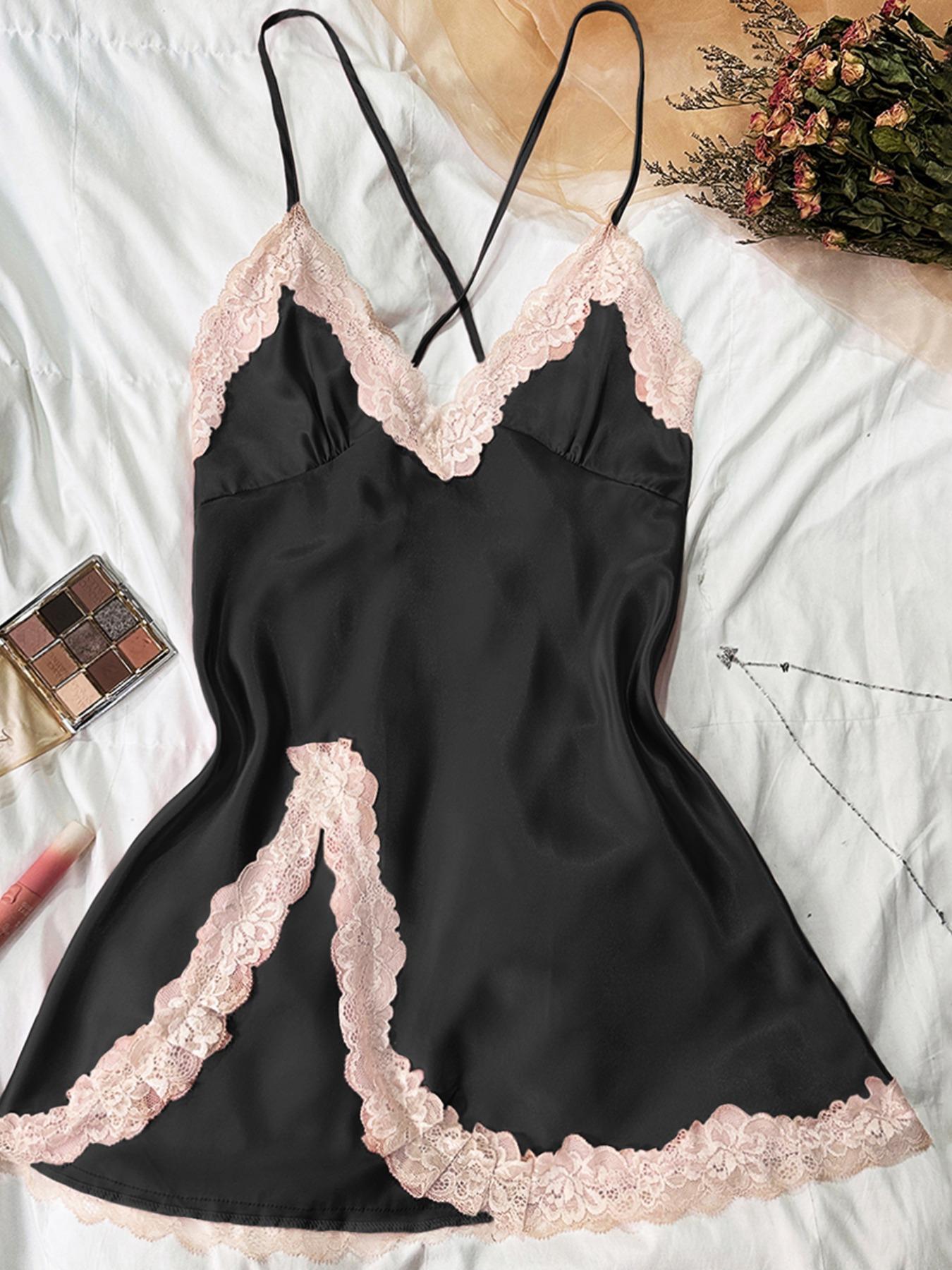 Valentine's Day Women's Contrast Lace Criss Cross Bow Back Satin Cami Nightdress, Elegant Spaghetti Strap Split Hem Backless Nightgown, Gift for Her, Dresses for Women, Women's Summer Sleepwear