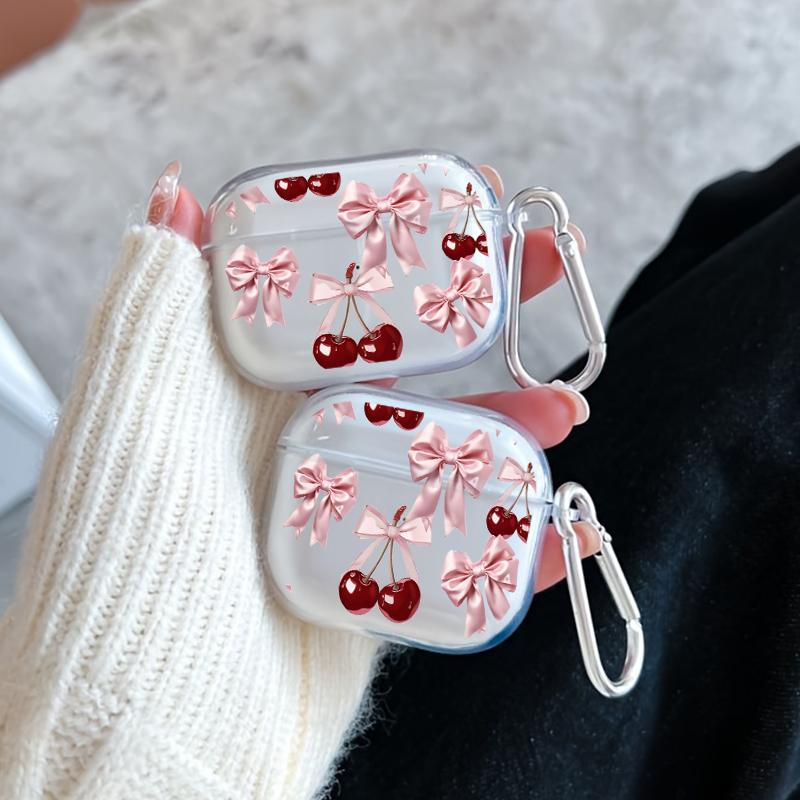 Cherry Bows Pattern TPU Soft Protective Case for Apple AirPods 4/3/2/1/Pro/Pro2 Transparent Earphone Cover with Keychain Attachment