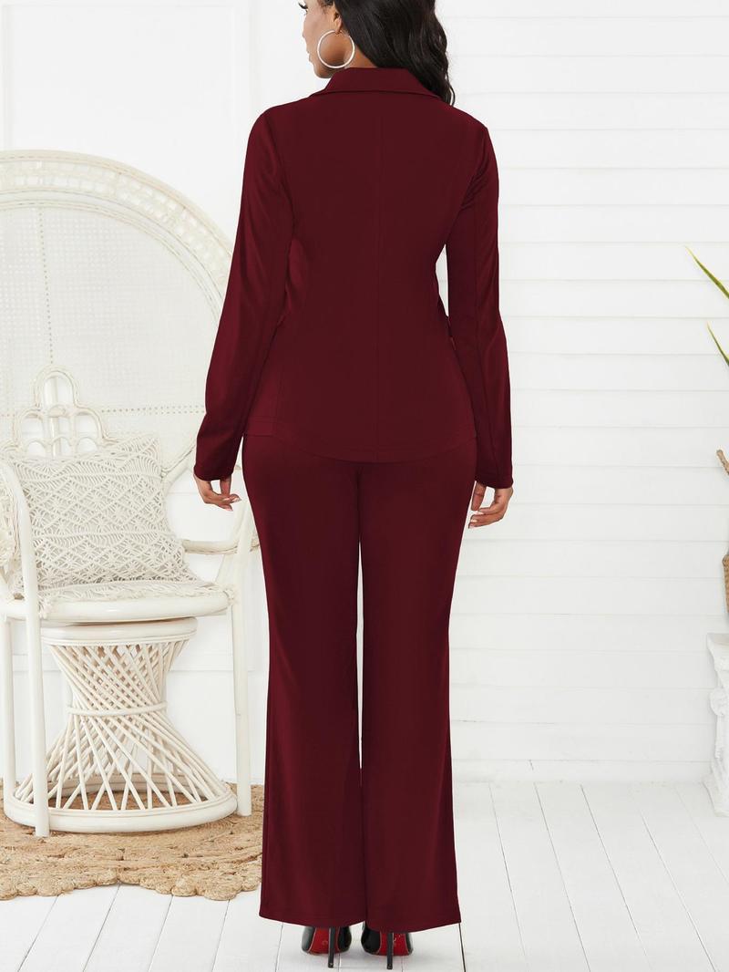 Women's Two-Piece Set Plain Button Lapel Blazer & Suit Pants, Elegant Business Casual Long Sleeve Outerwear & Trousers for Daily Outdoor Wear, Women's Clothing for All Seasons