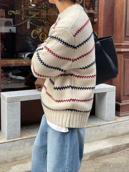 Men's Korean Style Striped Knit Sweater, Casual Round Neck Long Sleeve Pullover, Fall & Winter Fashion, New Arrival