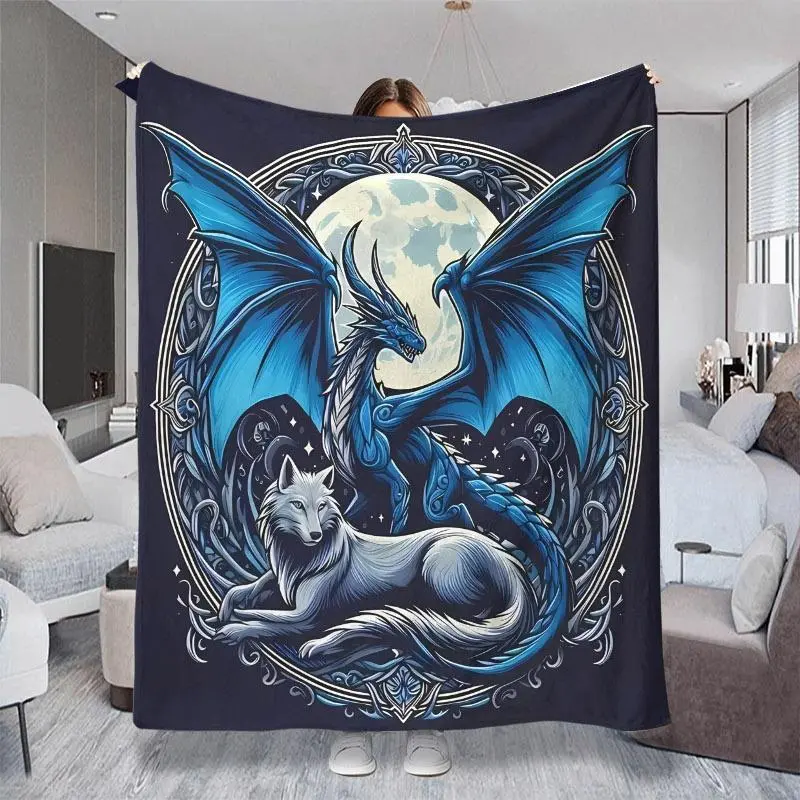 2D Flat Pattern Print (Non 3D) Fantasy Blue Dragon & White Wolf Full Moon Starry Sky Celtic Fringe Throw Blanket, Multiple Specifications Available, Cozy Soft Decor Cover for Nap Time, Bedroom & Living Room Daily Use