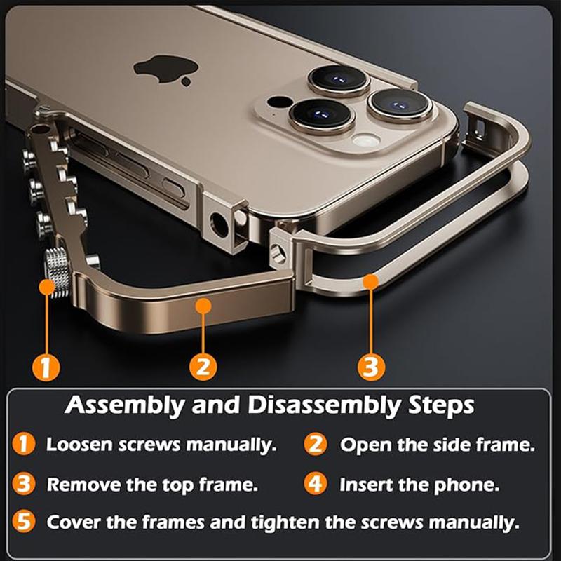 [Free !ship] Full Metal Bezel Bumper Case for iPhone 17 Pro Max16 Pro Max 17 Pro 16 Pro 16 15 14 13, Full-Frame Armor Aluminum Alloy Bumper No Back Cover, Punk armor style, Mechanical Screw Button Design, Minimalist Bare-Hand Feel Fit Lightweight