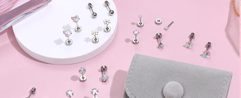 CASSIECA 16 Pairs Hypoallergenic Screw Back Earrings for Women 316L Stainless Steel CZ Pearl Ball Heart Flower Screwback Flat Back Stud Earrings Jewelry Gift Women Multicolored Pink earrings  lovers
