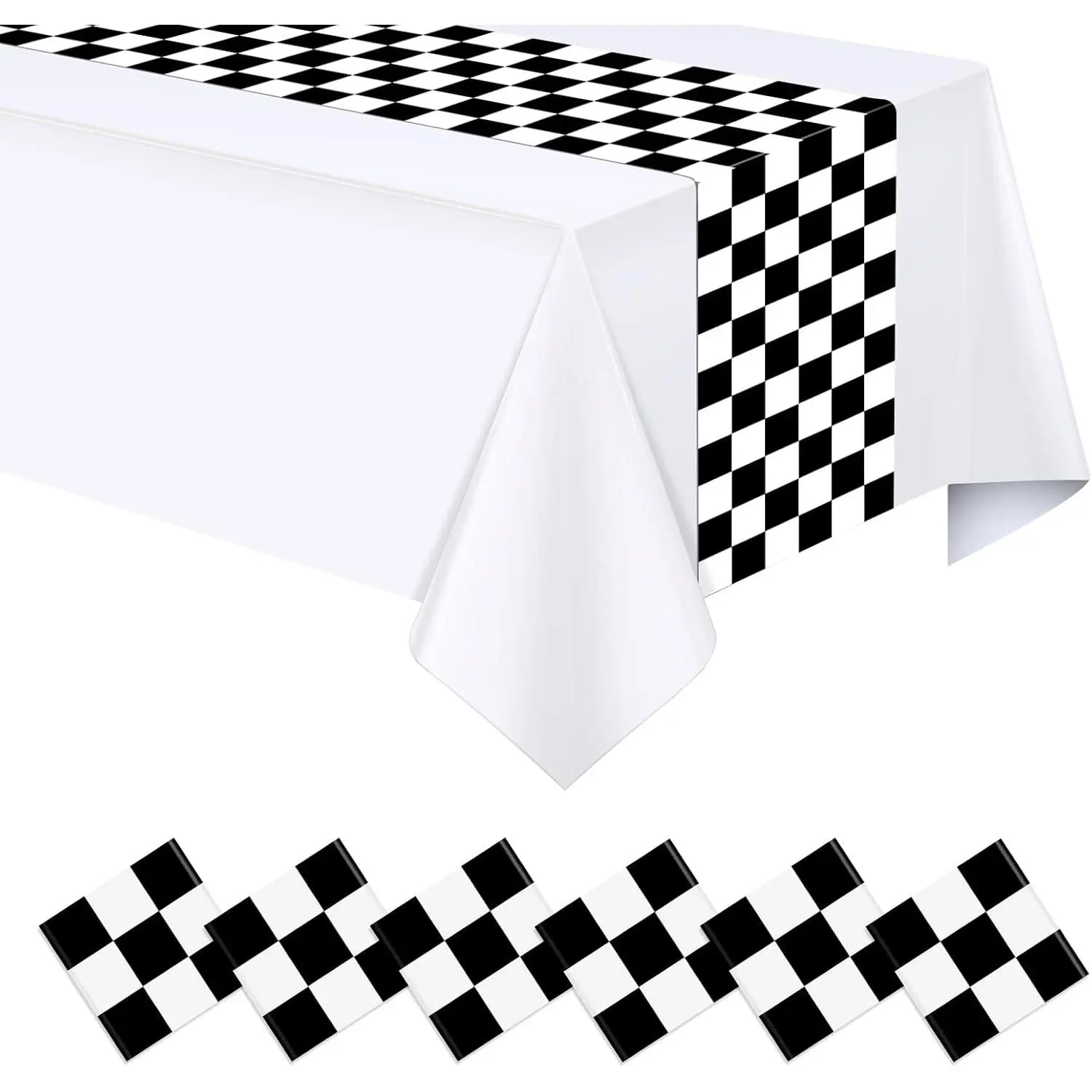 6pcs Black and White Checkered Table Runners,Waterproof Plastic Plaid Table Runner for Dining Table Kitchen Modern Home Decor Indoor Outdoor Party Decorations,14 x 108 Inch