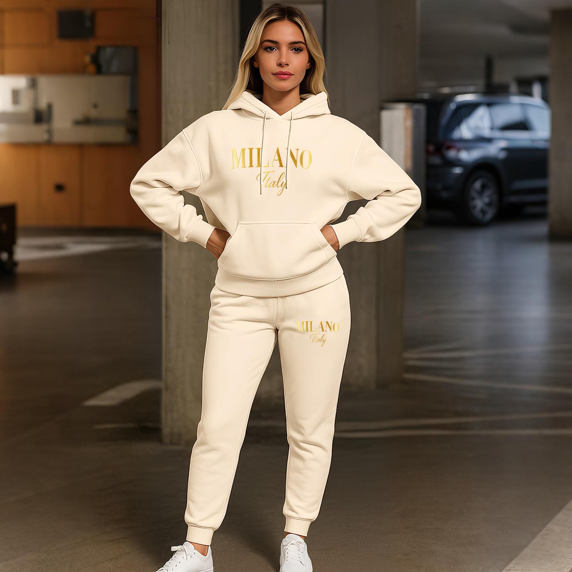 Women's MILANO Print Hoodie And Drawstring Track Pants Set, Casual Sportswear, Long-Sleeved Hooded Jacket And Pants, Suitable For Autumn And Winter, Everyday Wear, Indoor And Outdoor Sportswear, Casual Sportswear.