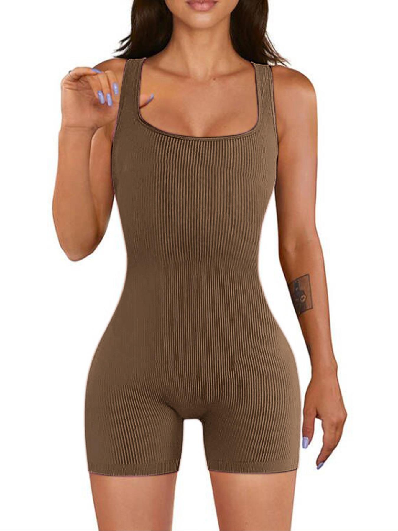 Women's Solid Color Ribbed Square Neck Tank Shapewear Knit Romper, Elegant Casual Comfy Thigh Slimmer Seamless Sleeveless Shaper Bodysuit for Daily Wear, Ladies Shapewear for All Seasons, Womenswear, Tummy Tuck Garment, Body Shaping Underwear