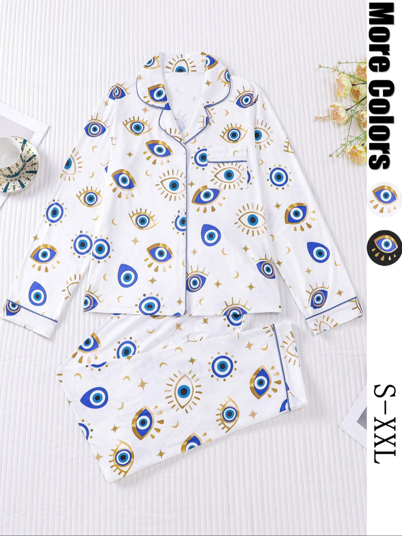 Women's Pajama Set, Long Sleeve Button Front Shirt & Elastic Pants, Comfortable Sleepwear & Loungewear for All Seasons, Casual Home Wear