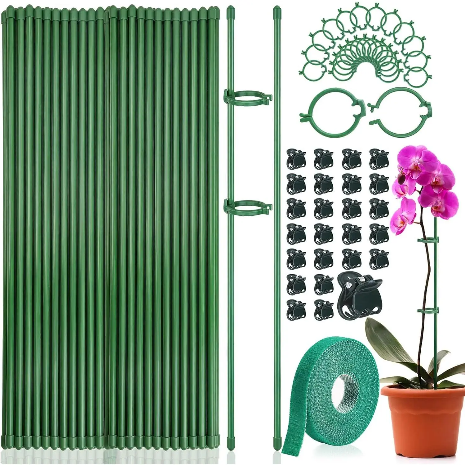 Fiberglass Plant Support Stakes Kit - 25-Pack 16in Reusable Sticks with Rings, Clips & Ties for Upright Growth of Tomatoes, Orchids (76-Count Total Stakes)