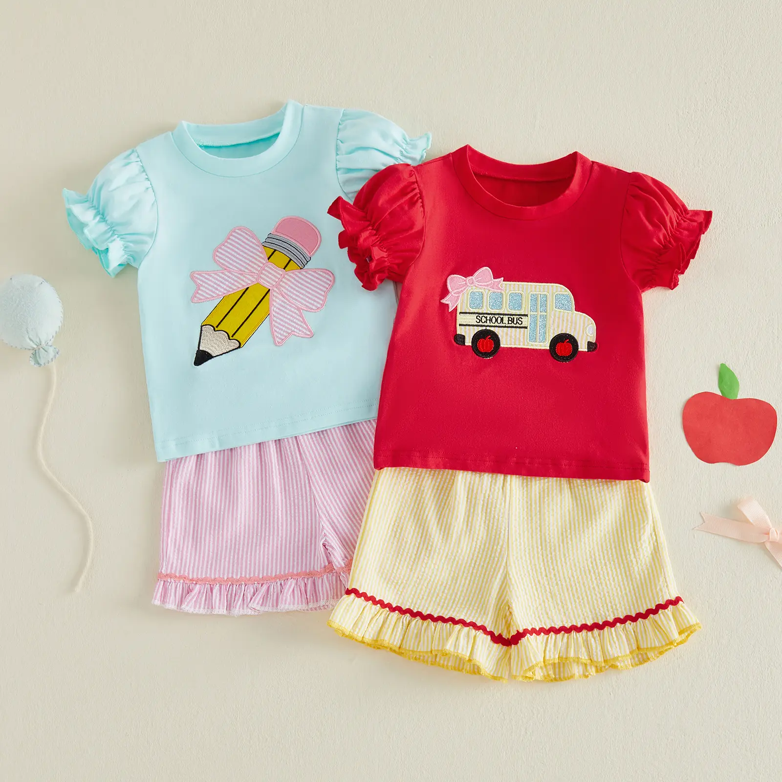 FOCUSNORM Toddler Baby Little Girls Back to School Outfits Bow Bus Embroidery Short Sleeve Tops and Striped Shorts Set Summer Clothes 1-6 Years
