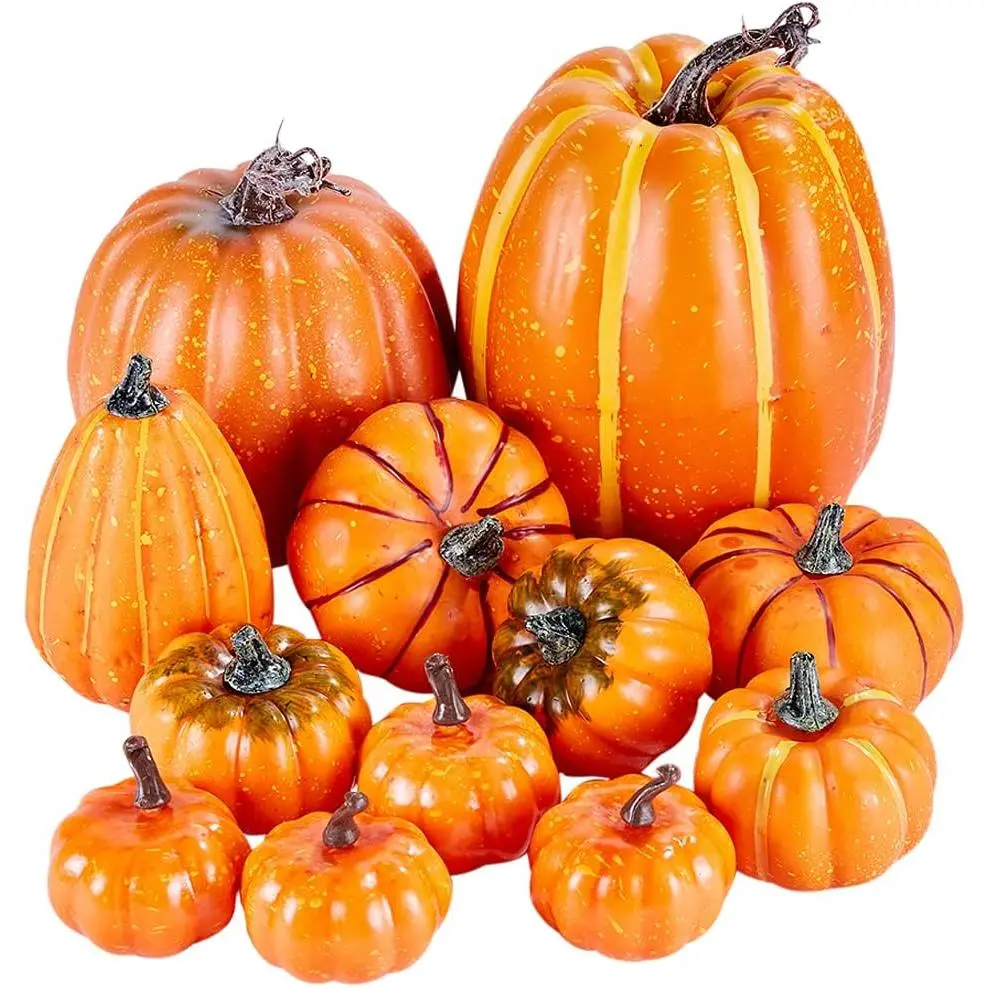 Package of 12 Pcs Assorted Sizes Artificial Fake Orange Pumpkins Large Faux Harvest Pumpkins for Fall Thanksgiving Halloween Seasonal Holiday Decoration