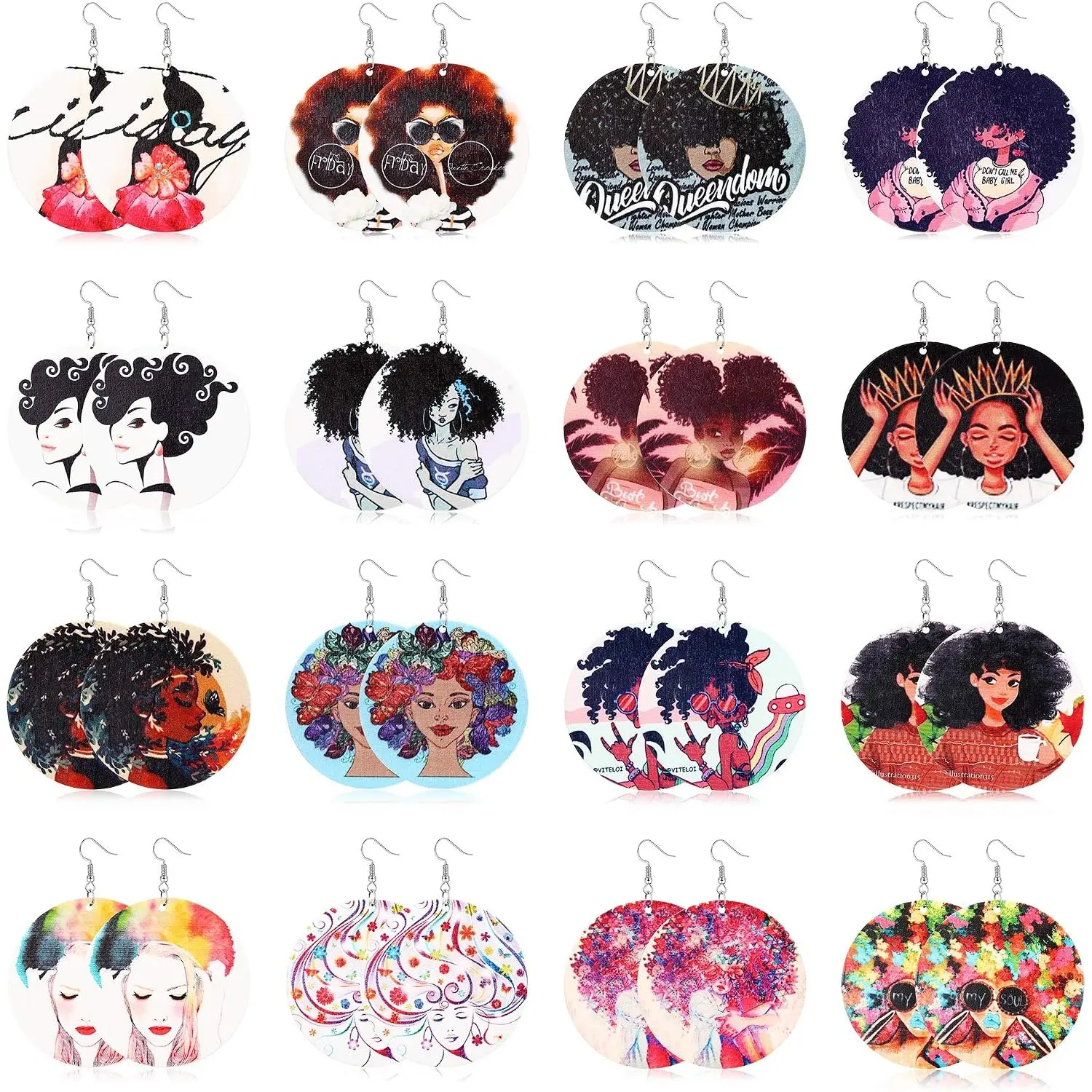 16 Pairs African Wooden Earrings for Women, Ethnic Painted Dangle Earring Jewelry Set, Lightweight with Round & Map Designs