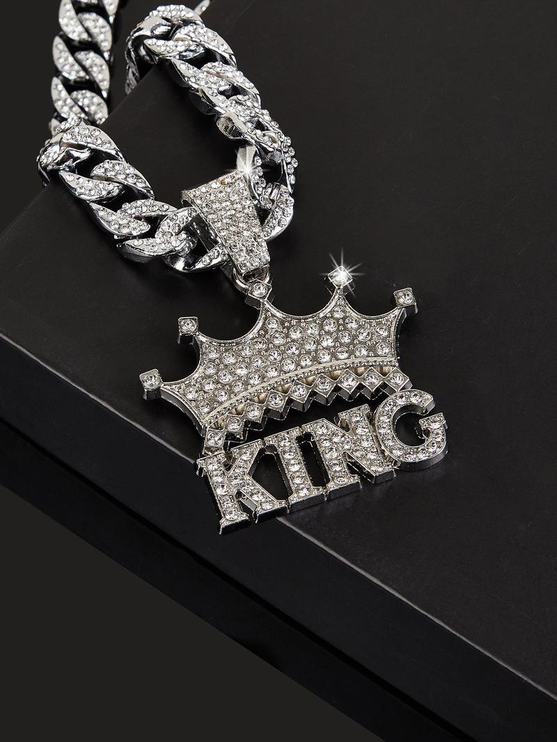 14K Gold Plated King & Crown Pendant with Austrian Rhinestones Miami Cuban Link Chain Italy & Micro Inspired Unisex Hip Hop Necklace for Men & Women Jewelry,Daily Wear, Casual Fashion, Sporty Style, Gift Idea