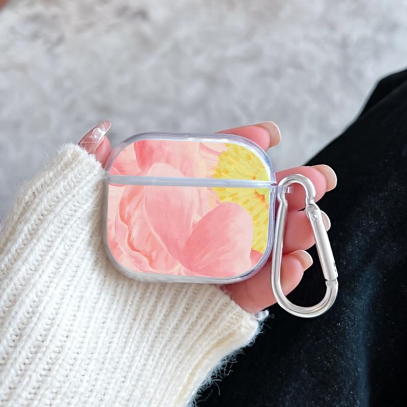 Pink Peony Dream Pattern TPU Soft Protective Case for Apple AirPods 4/3/2/1/Pro/Pro2 Transparent Earphone Cover with Keychain Attachment