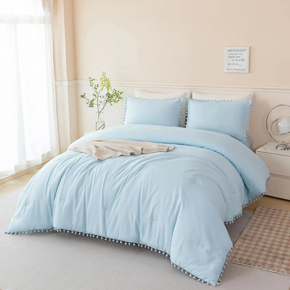 5 Pieces Twin Bedding Sets Light Blue Pom Pom Comforter Set for Girls Boys Soft Fluffy Solid Boho Bed in A Bag with Comforter and Sheets (Light Blue, Twin)
