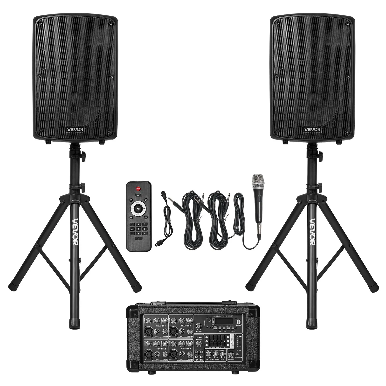 【DealsForYouDays】VEVOR Professional PA System, 800W Powered, Sound System Set with 6 Channel Mixer, Dual Speakers, Wireless Bluetooth, Microphone, Compact Stands, USB SD XLR Inputs, Remote Control, for DJs Events
