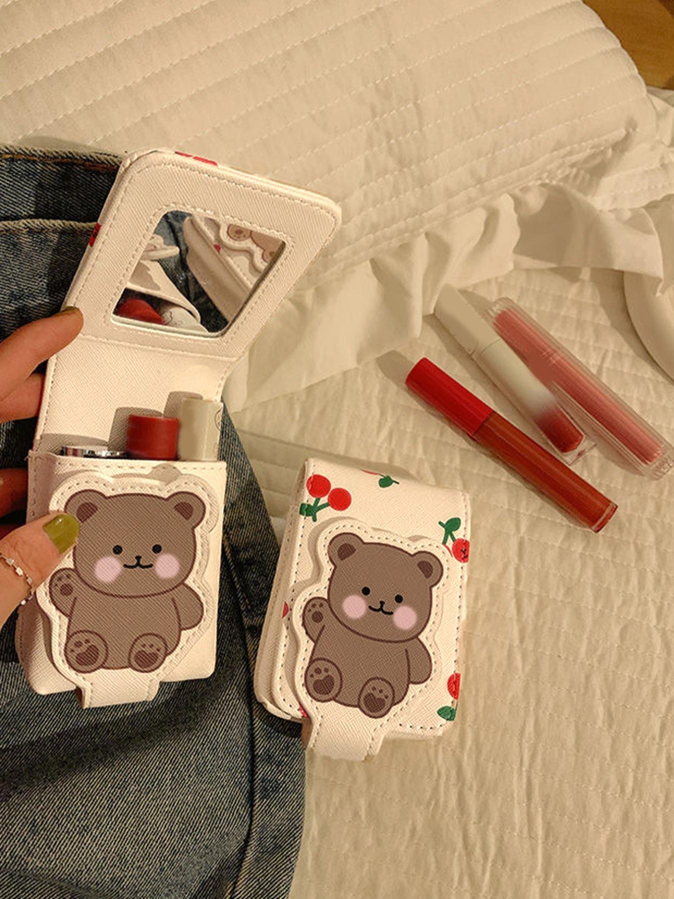 Father's Day Gifts, Cute Cartoon Bear & Cherry Pattern Makeup Bag with Mirror, Back To School, Portable Travel Makeup Bag, Cosmetic Storage Bag, Makeup Organizer Pouch for Women & Girls,