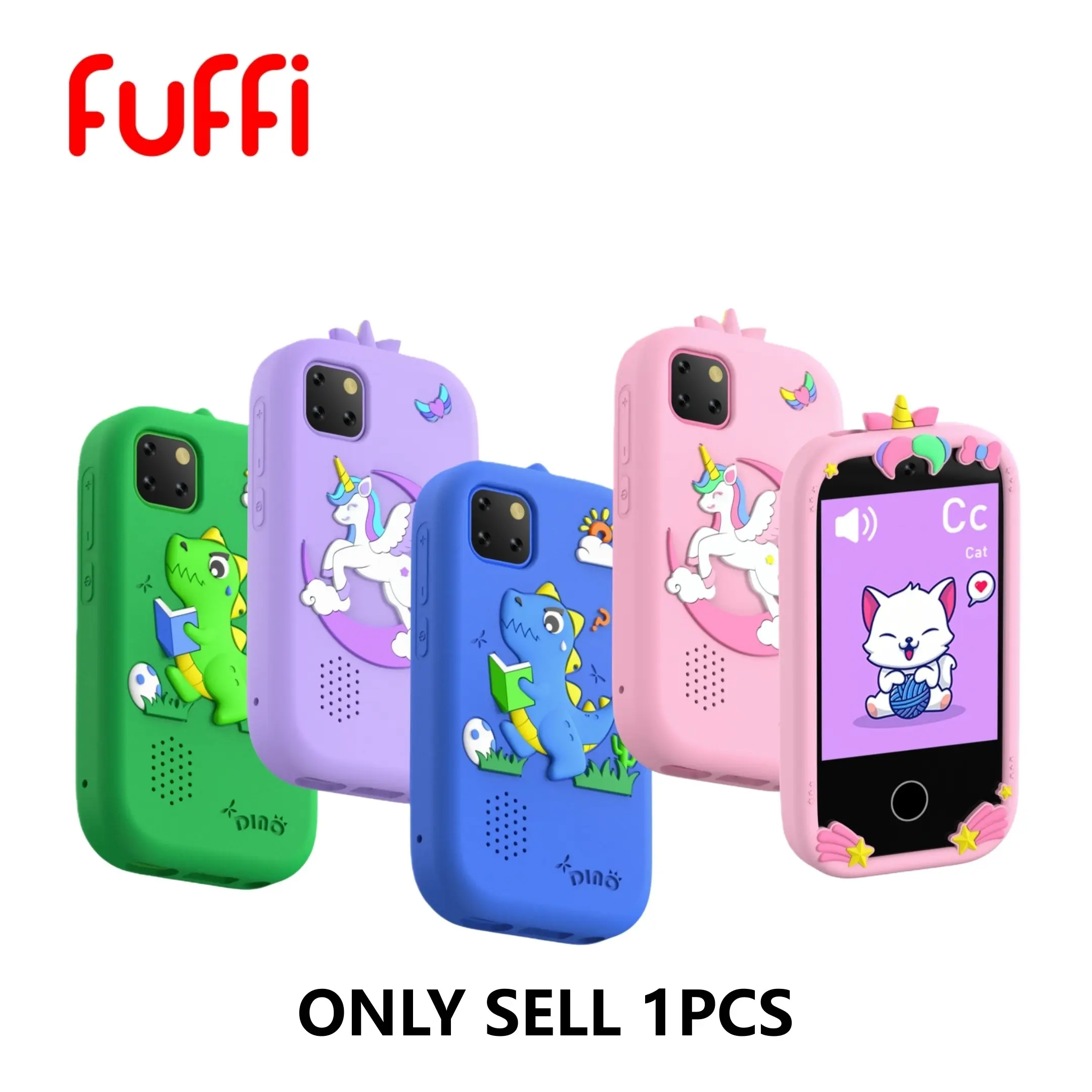 FUFFI Children's Mobile Phone - 2.8-inch screen, 600 mAh battery, equipped with cute cartoon silicone case, basic knowledge/brain-teaser games/early education/music/video. Unicorn and dinosaur phone cases and hangers.