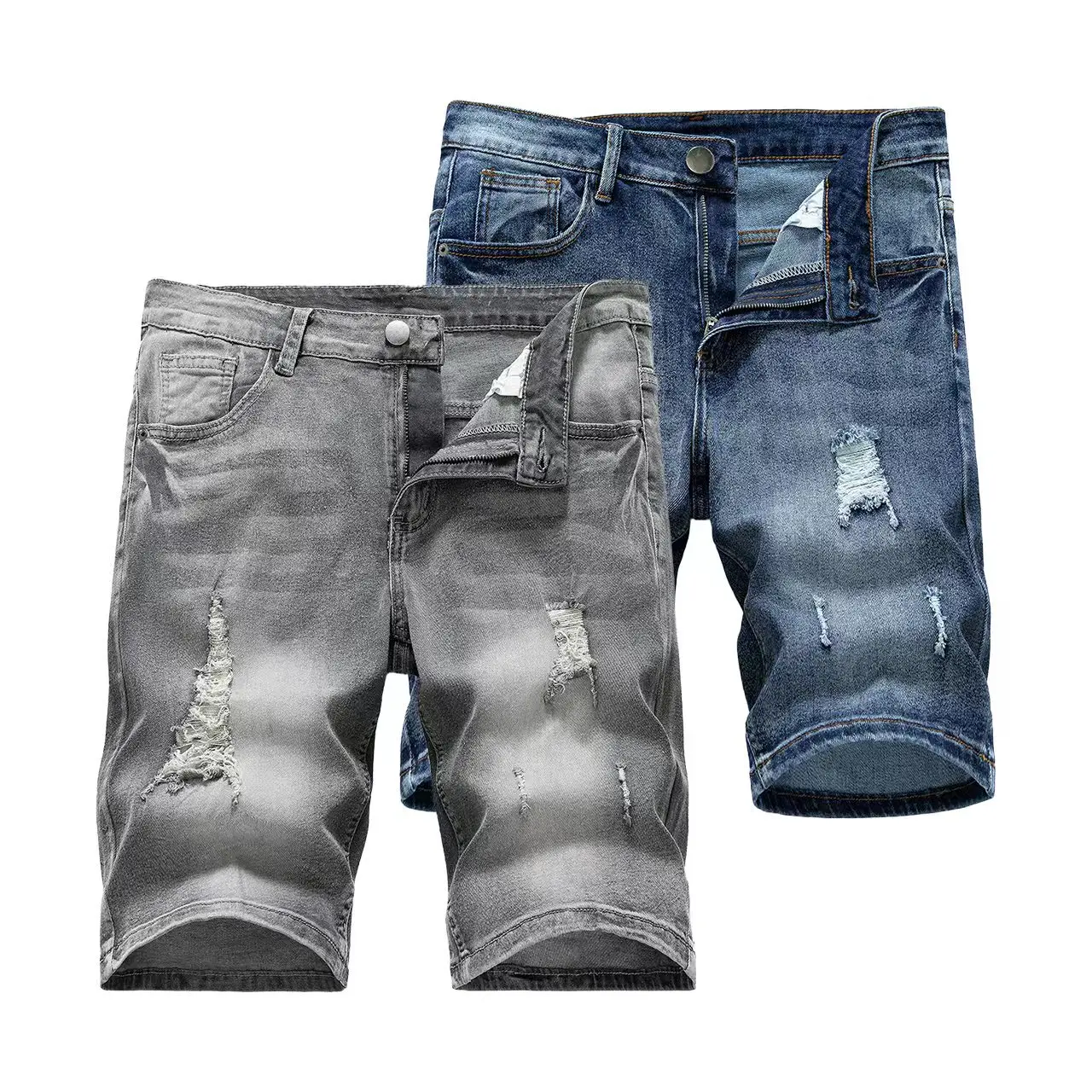 1/2 Pack Men's Ripped Denim Shorts with a Faded Finish and Distressed Accents, Featuring a Comfortable Cut for Streetwear-Inspired Everyday Wear, Weekend Outings, and Casual Social Events.
