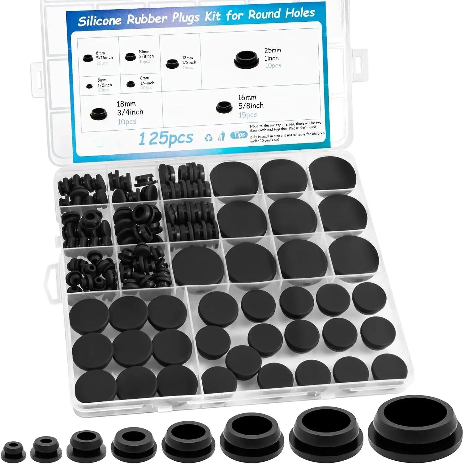 125 count Rubber Plugs for Round Holes,  Black Rubber Hole Plugs, Various Sizes of Round Hole  Tool, Plugs for Holes  Sizes Suitable for  Wiring Furniture