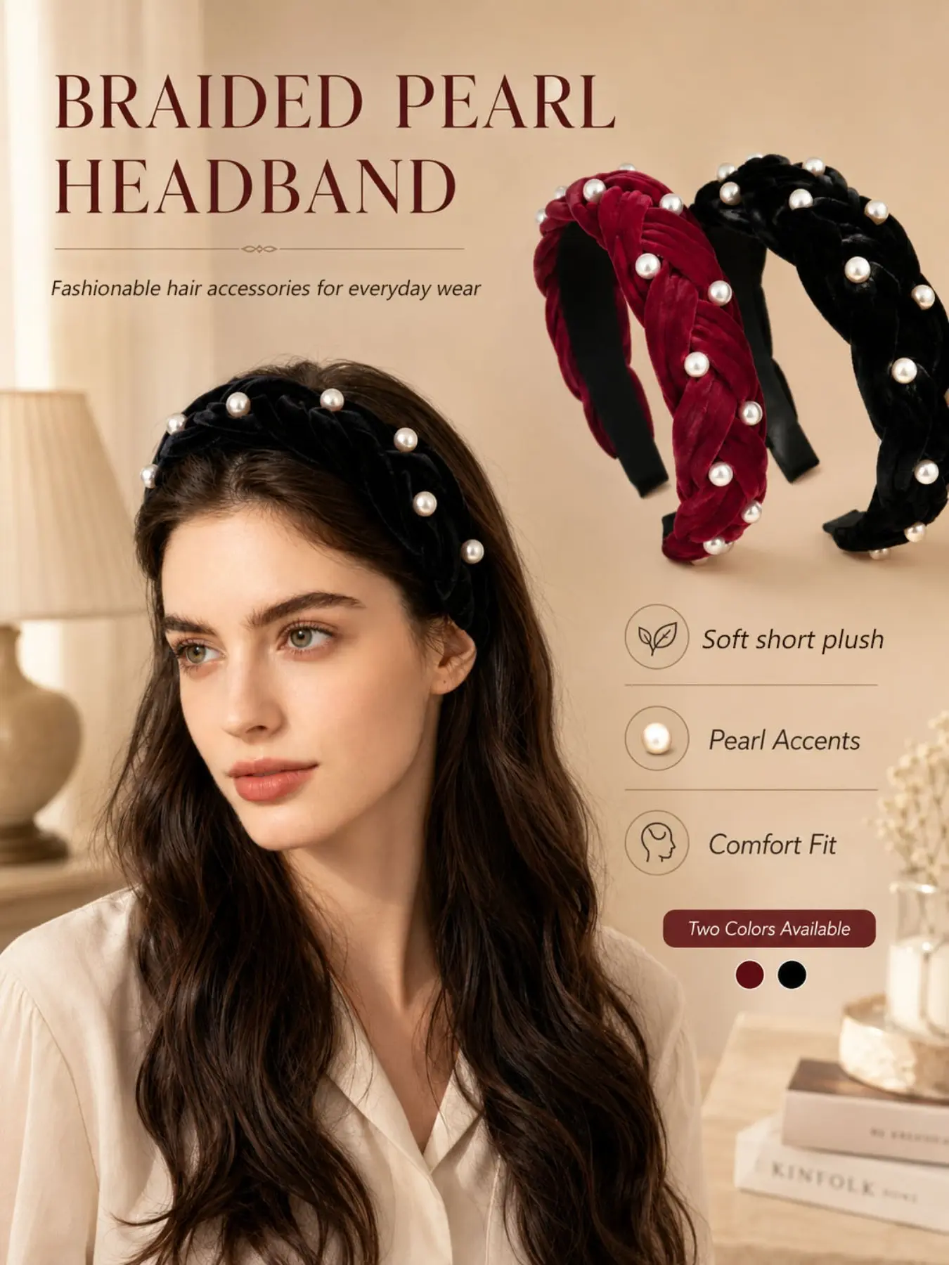 Women's Fall Winter Pearl Braided Velvet Headband, Fashion Casual Stretch Hair Band, High Crown Design, Perfect for Daily & Holiday Wear