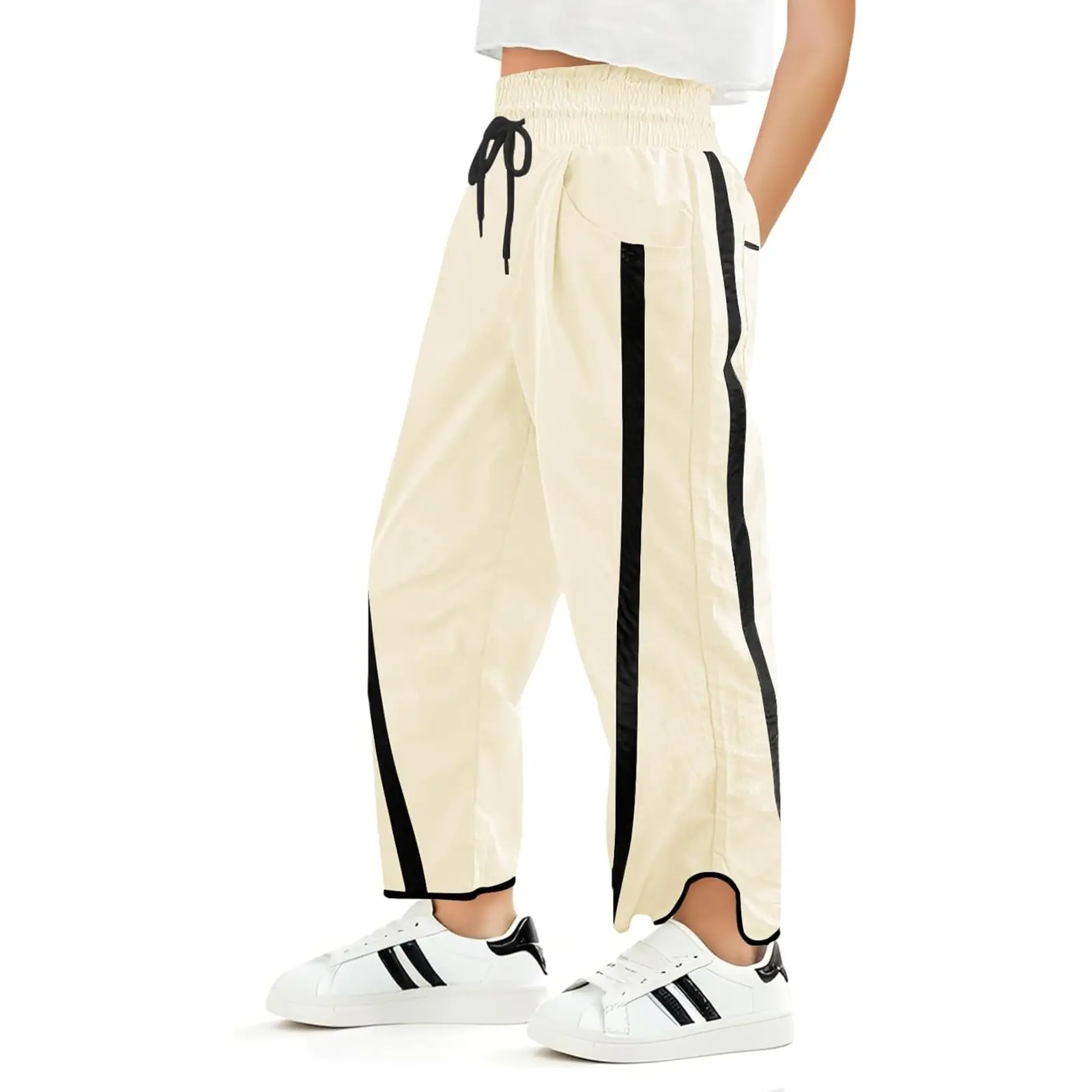 Haloumoning Girls' Baggy Wide-Leg Striped Elastic Waist Parachute Track Pants with Pockets, Casual Wear Full-Length Prop 65 Safe Bottoms for 5-14 Years
