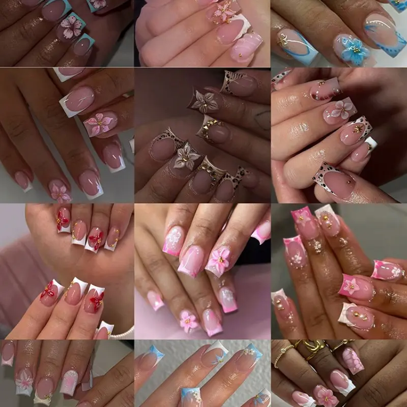 288pcs Short Square Press-On Nails, 3D Blue Gel Flower Design, Medium Size, Acrylic Material, Perfect for Daily Use & Parties