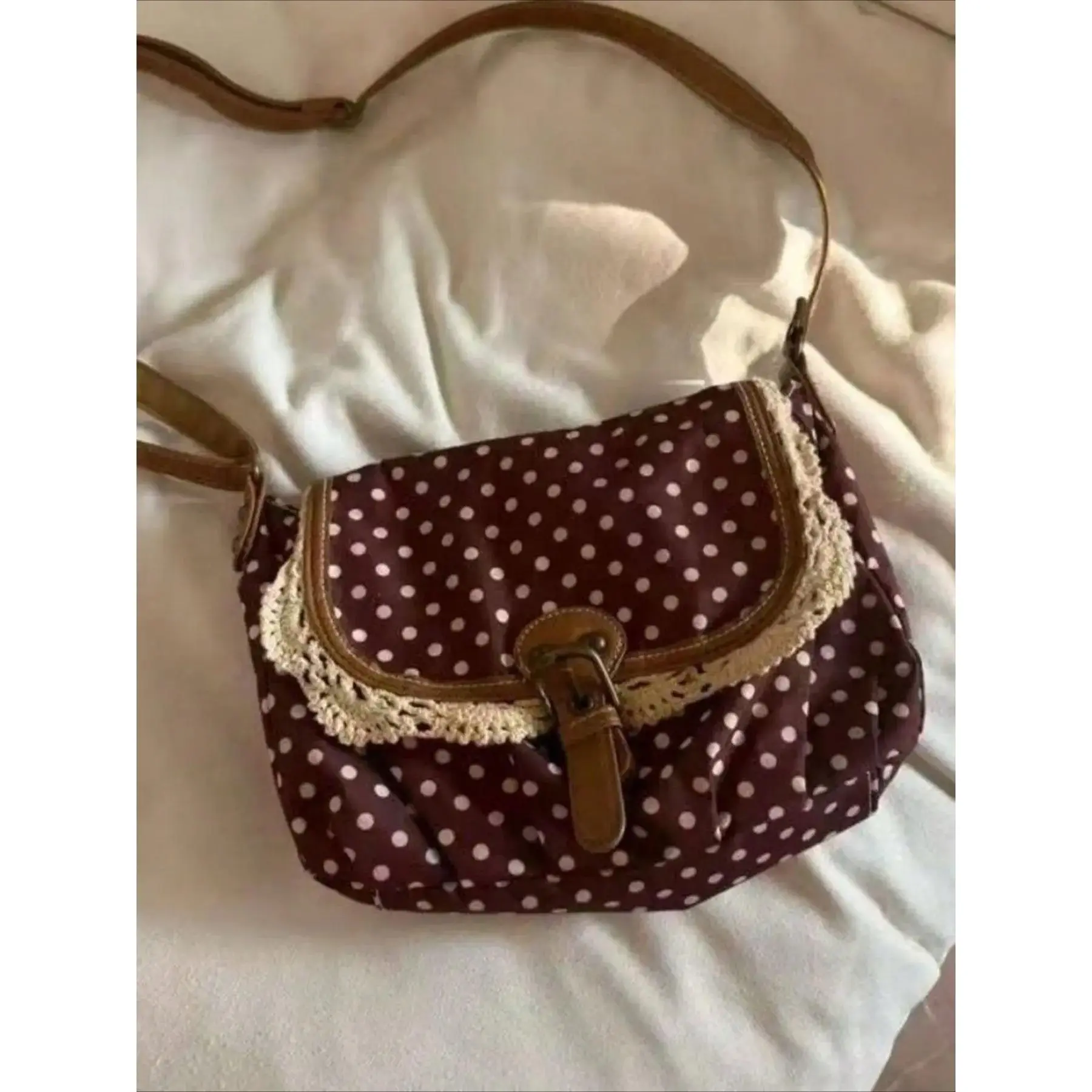 Women’s Vintage Polka Dot Canvas Crossbody Bag - Lace Bow Purse, Lightweight Versatile Aesthetic Daily Commuter Bag for Work, Shopping, Shoulder Bag
