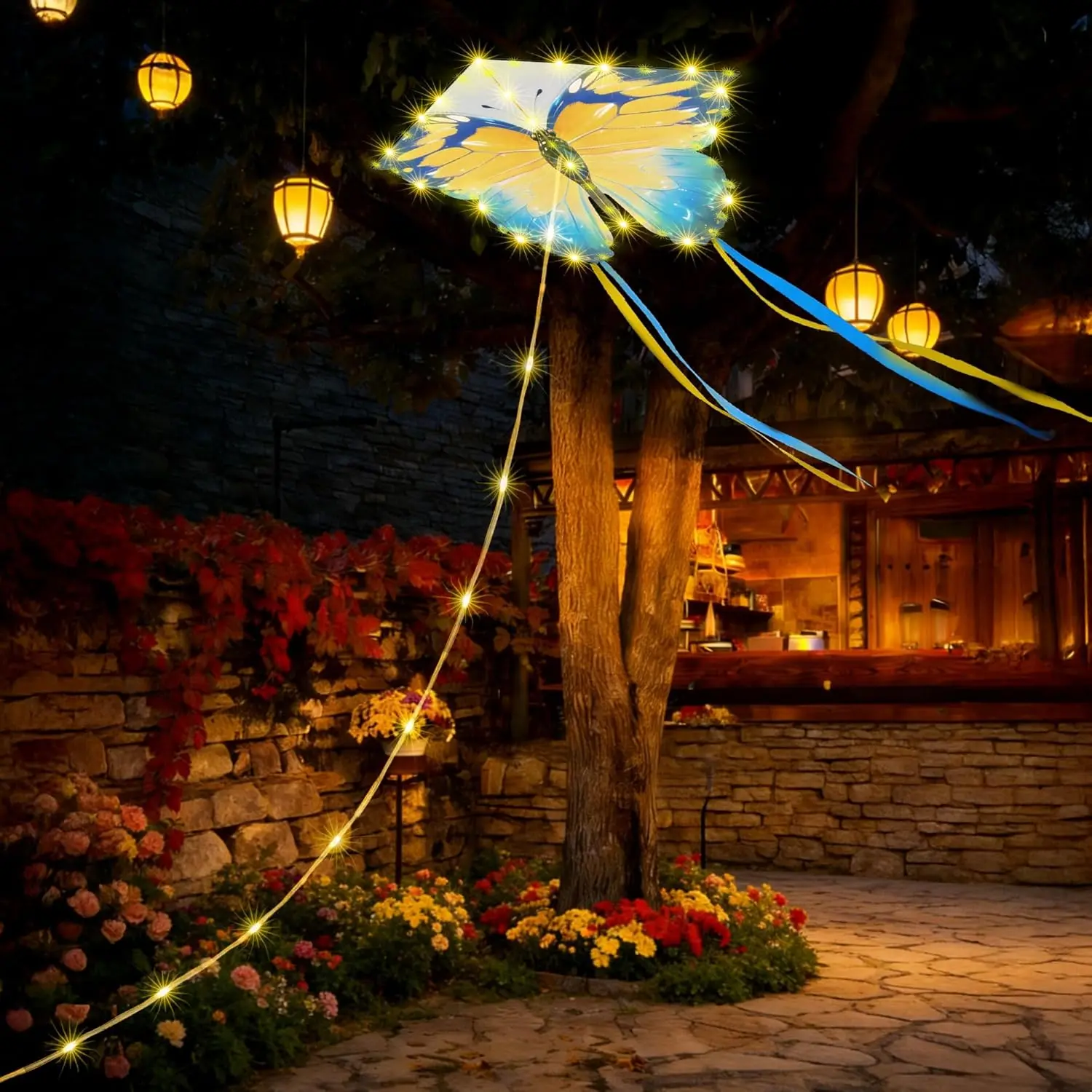 Summer Garden Outdoor Solar Butterfly Lights, 2.9ft 174-LED Patio Decorative Lights, 8 Modes,Solar Garden Lights for Home Yard Patio Camping Decor