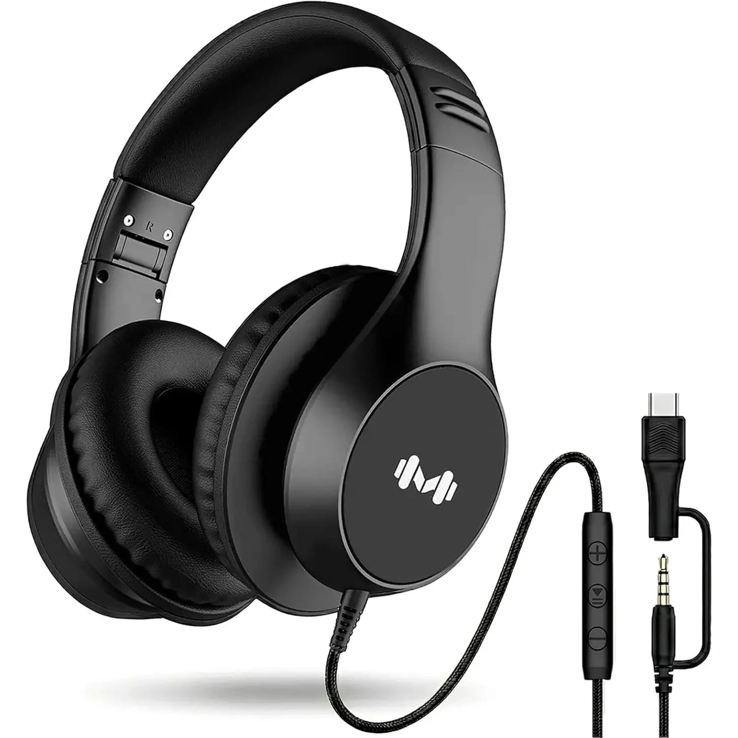 Wired Over Ear Headphones with Mic, USB-C Adapter, Black | USB-C adapter included, 3.5mm connection, comfortable ear cushions, lightweight design with mic for work, calls and daily use