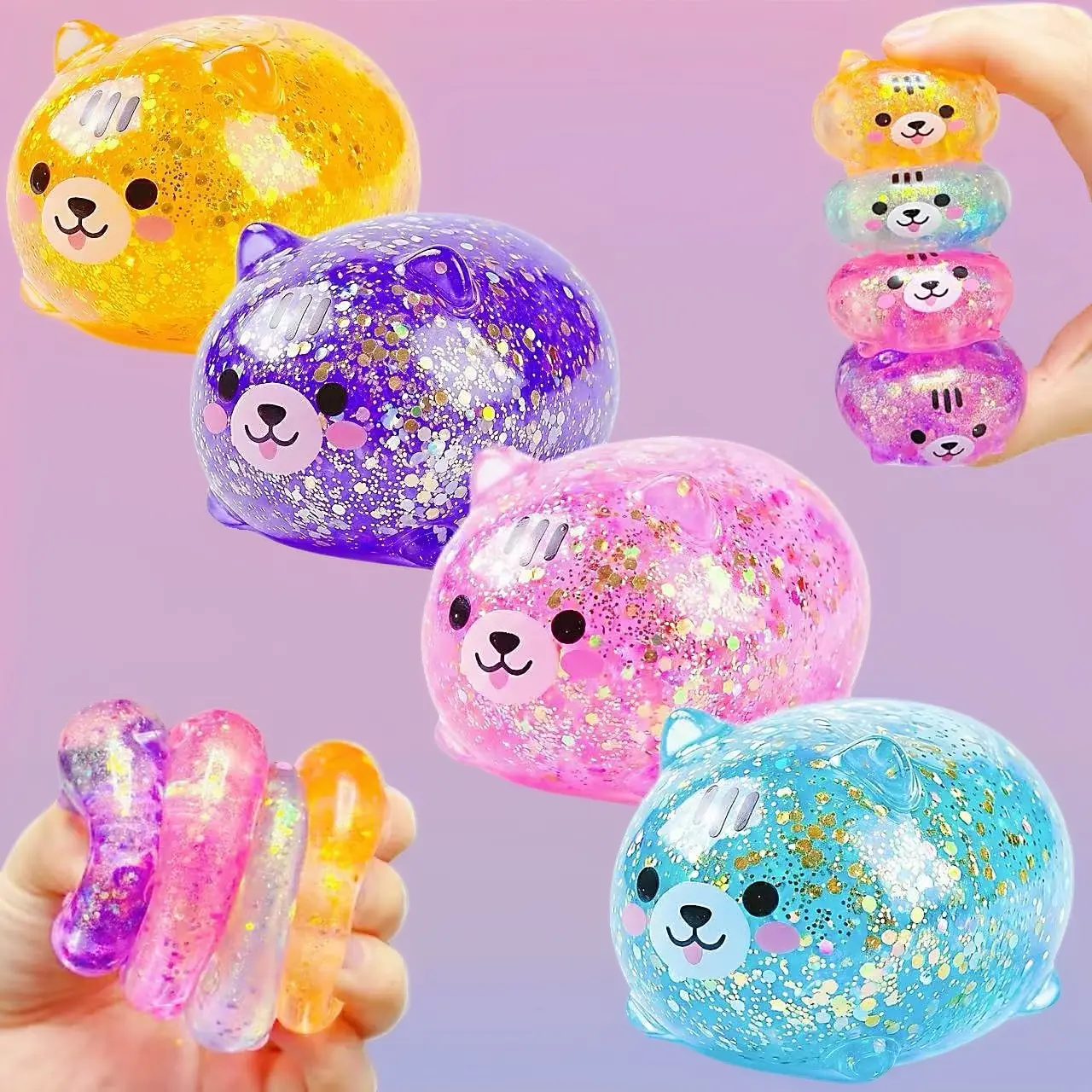 4-Pack Colorful Unisex Shiba Inu Squishy Stress Balls - Soft Plastic, Sugar Slow Rising Sensory Stress Reliever Toys for Anxiety Relief, Party Favors (Pink, Purple, Blue, Orange), Fidget Toys